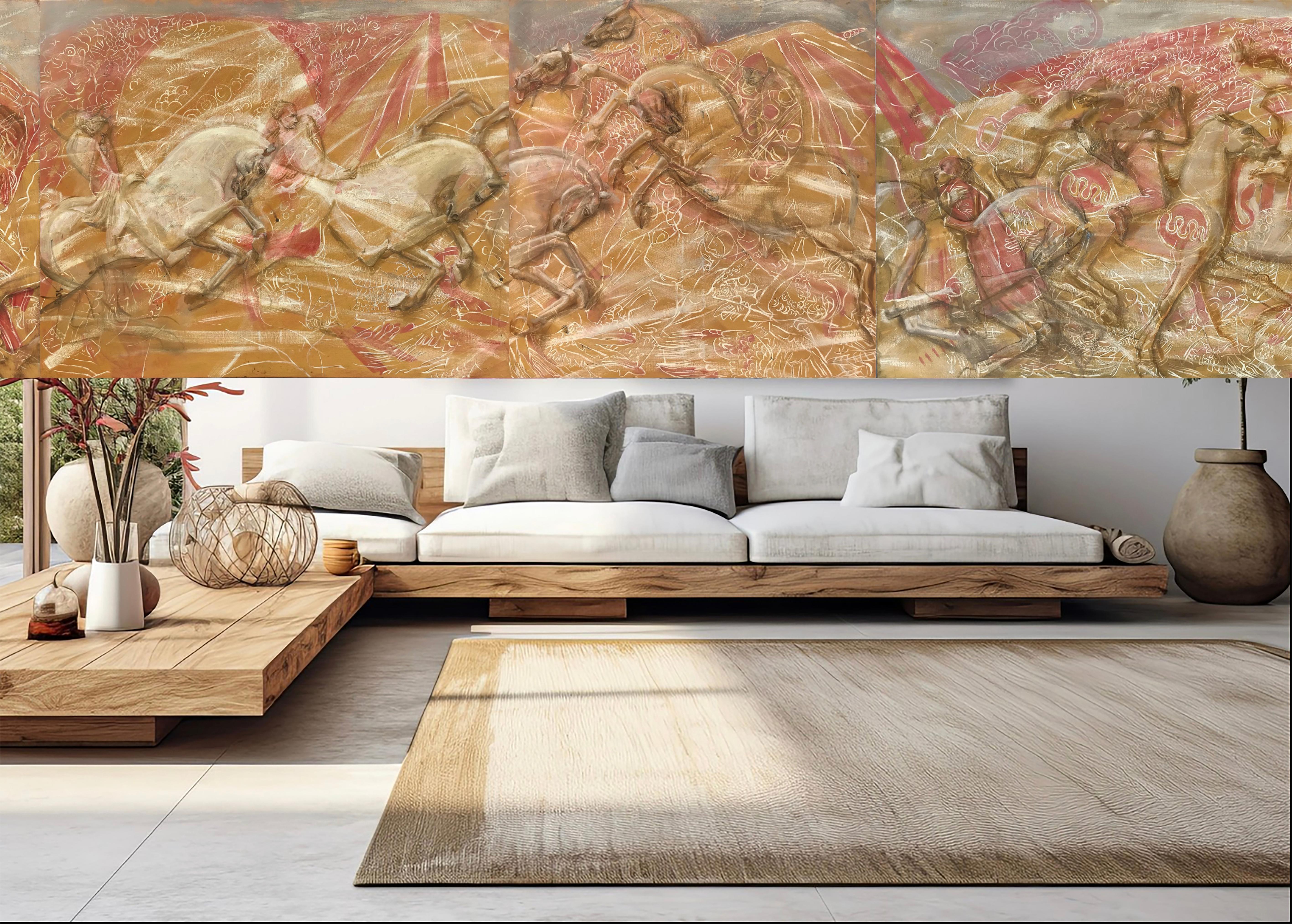 lovers on horses golden race - Painting by Anastasia Aureum
