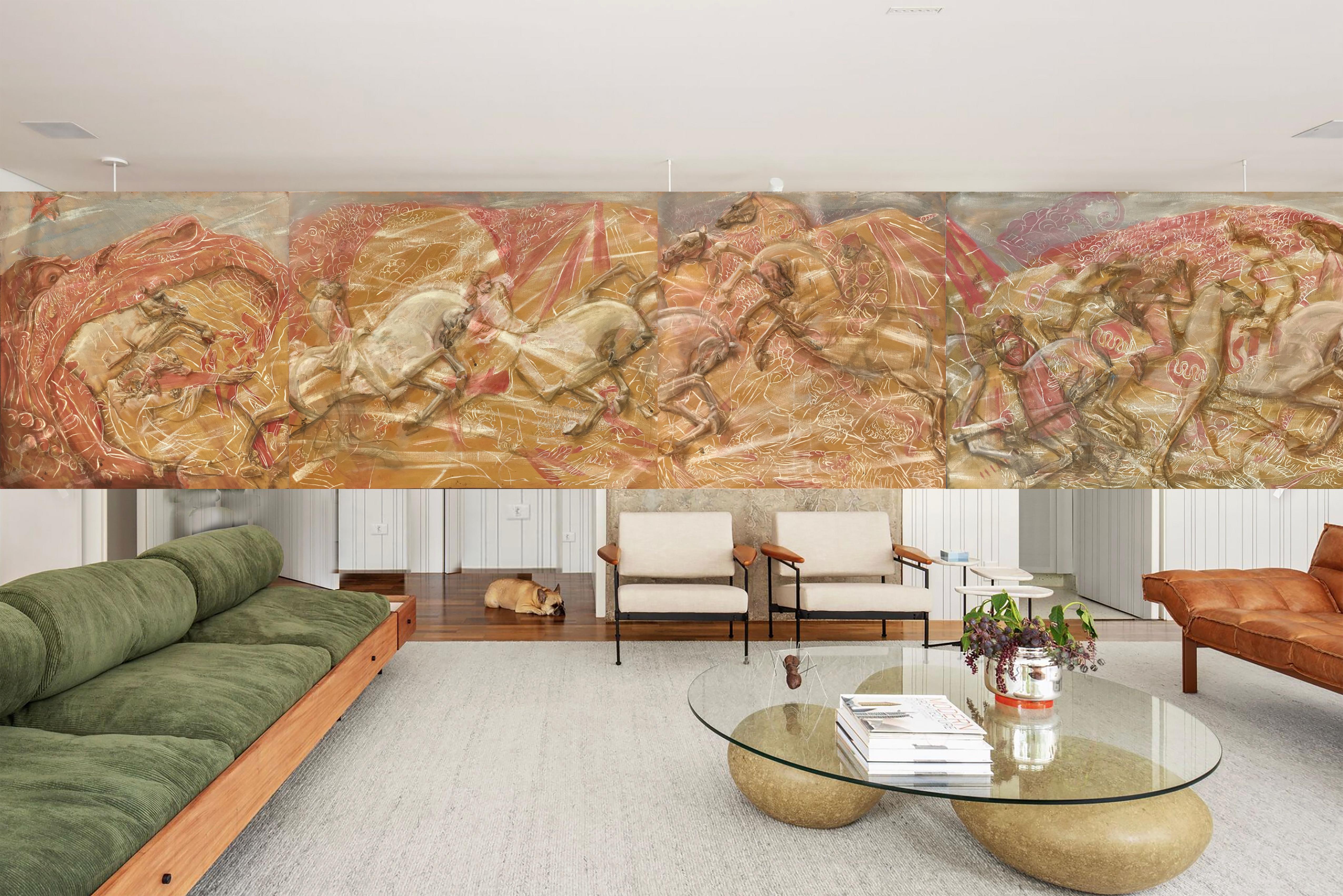lovers de la course d'or des chevaux - Expressionnisme abstrait Painting par Anastasia Aureum
