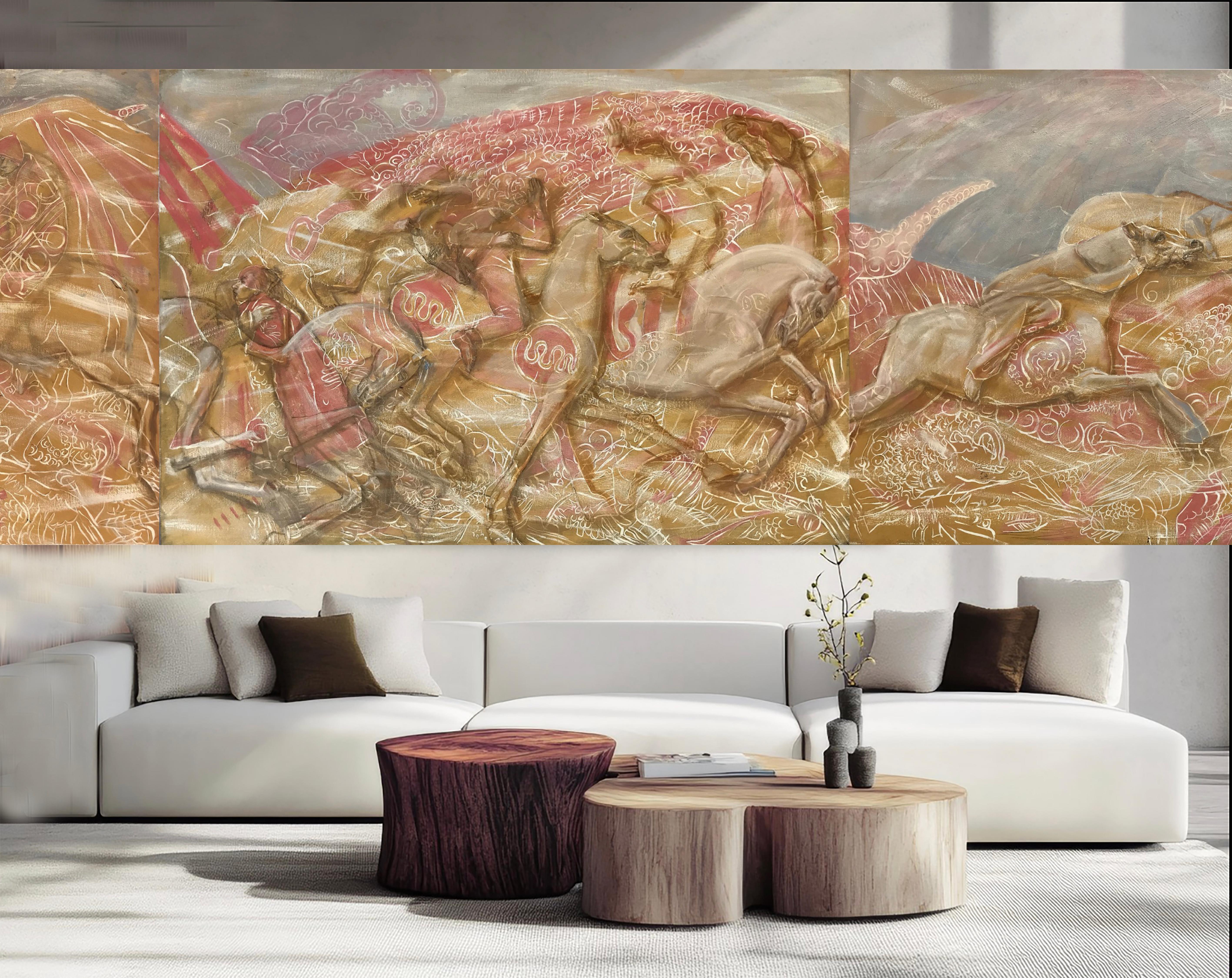 Liebhaber auf Pferden goldenes Rennen (Beige), Figurative Painting, von Anastasia Aureum