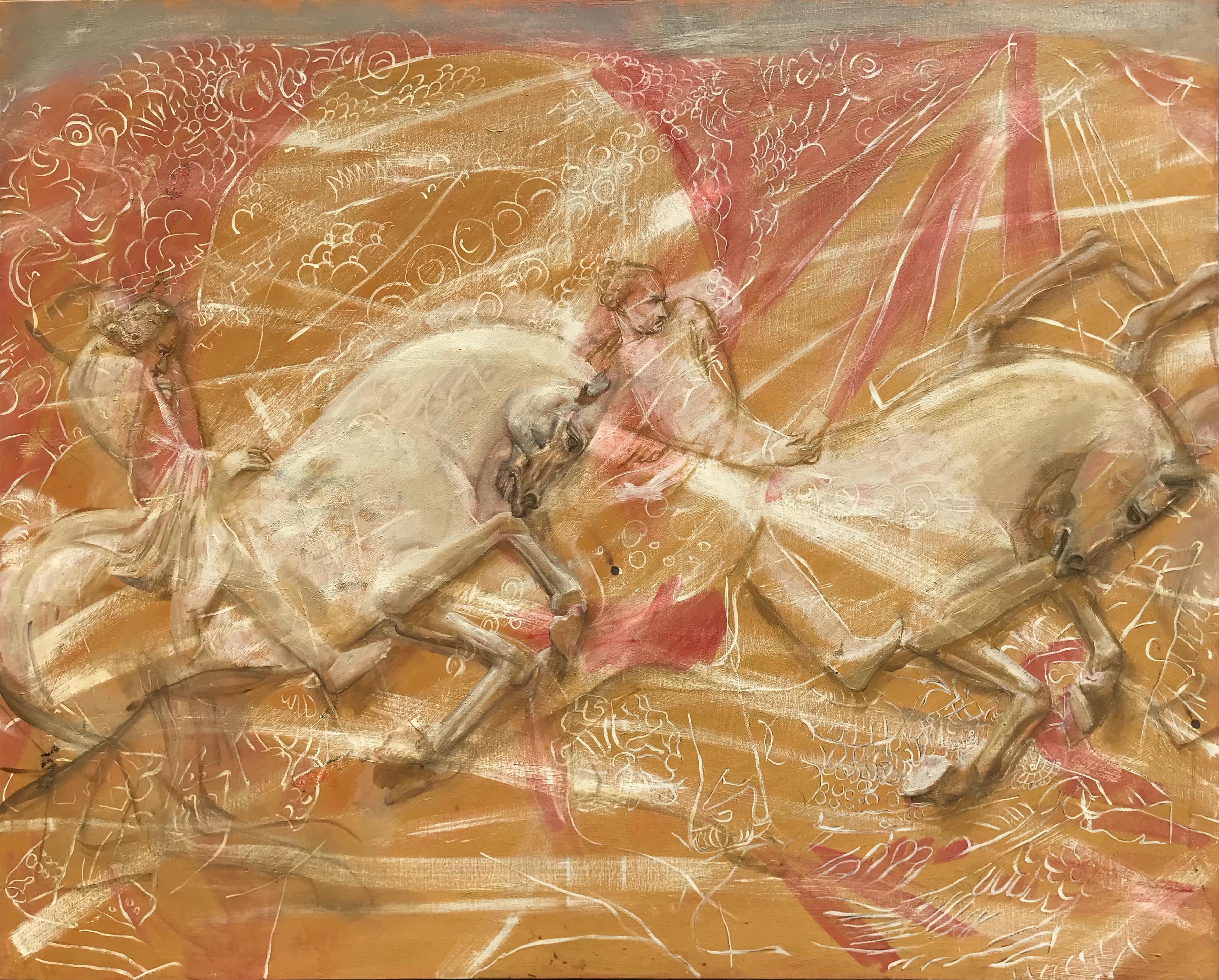 Pferde malen
Goldenes Pferderennen

Goldenes Rennen

gemalt in 14 Jahren
6 Leinwände   7 Meter lang
jeweils 98 cm hoch


 93x672cm   6 Gemälde
Gesamtlänge der Leinwände 672 cm.
Die Schlüsselwörter des Bildes sind Wirbel, Kreis, Ewigkeit. Durch eine