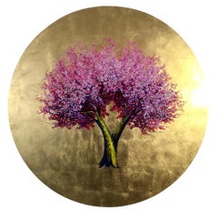 "A New Sun Will Warm Us", Round oil and gold leaf, contemporary pink tree