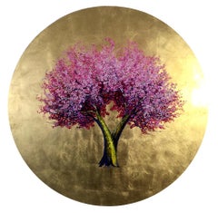 "A New Sun Will Warm Us", Round oil and gold leaf, contemporary pink tree 