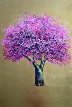 And Then He Kissed Me, Elegant oil on canvas with gold leaf, pink tree & flower 