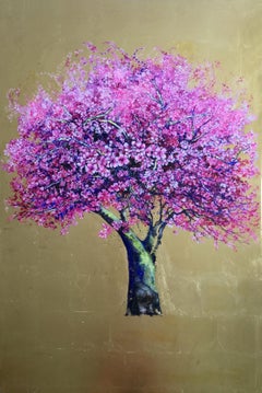 And Then He Kissed Me, Elegant oil on canvas with gold leaf, pink tree & flower