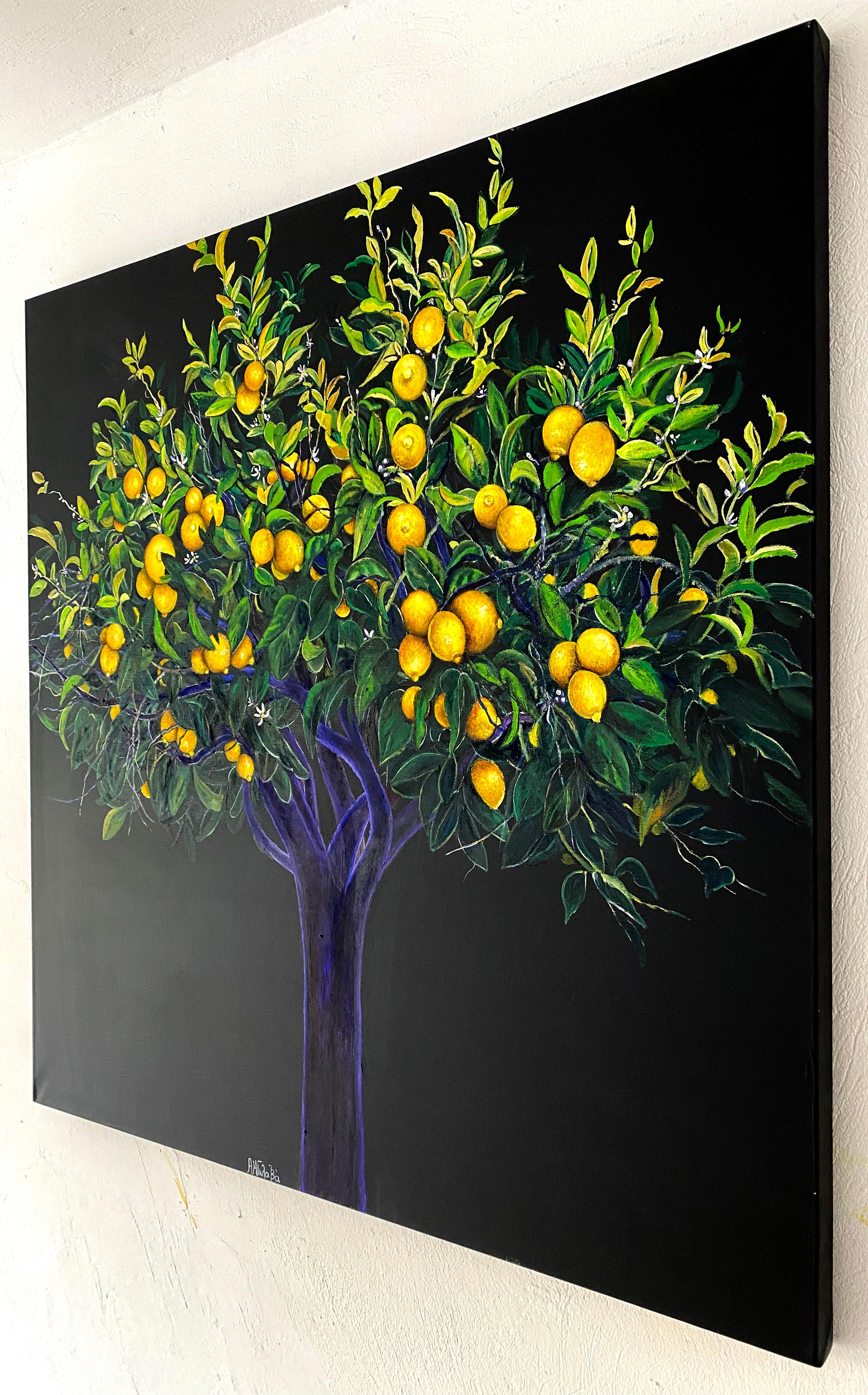 Aroma - Elegant dramatic lemon nature tree, contemporary oil painting - Painting by Anastasia Gklava