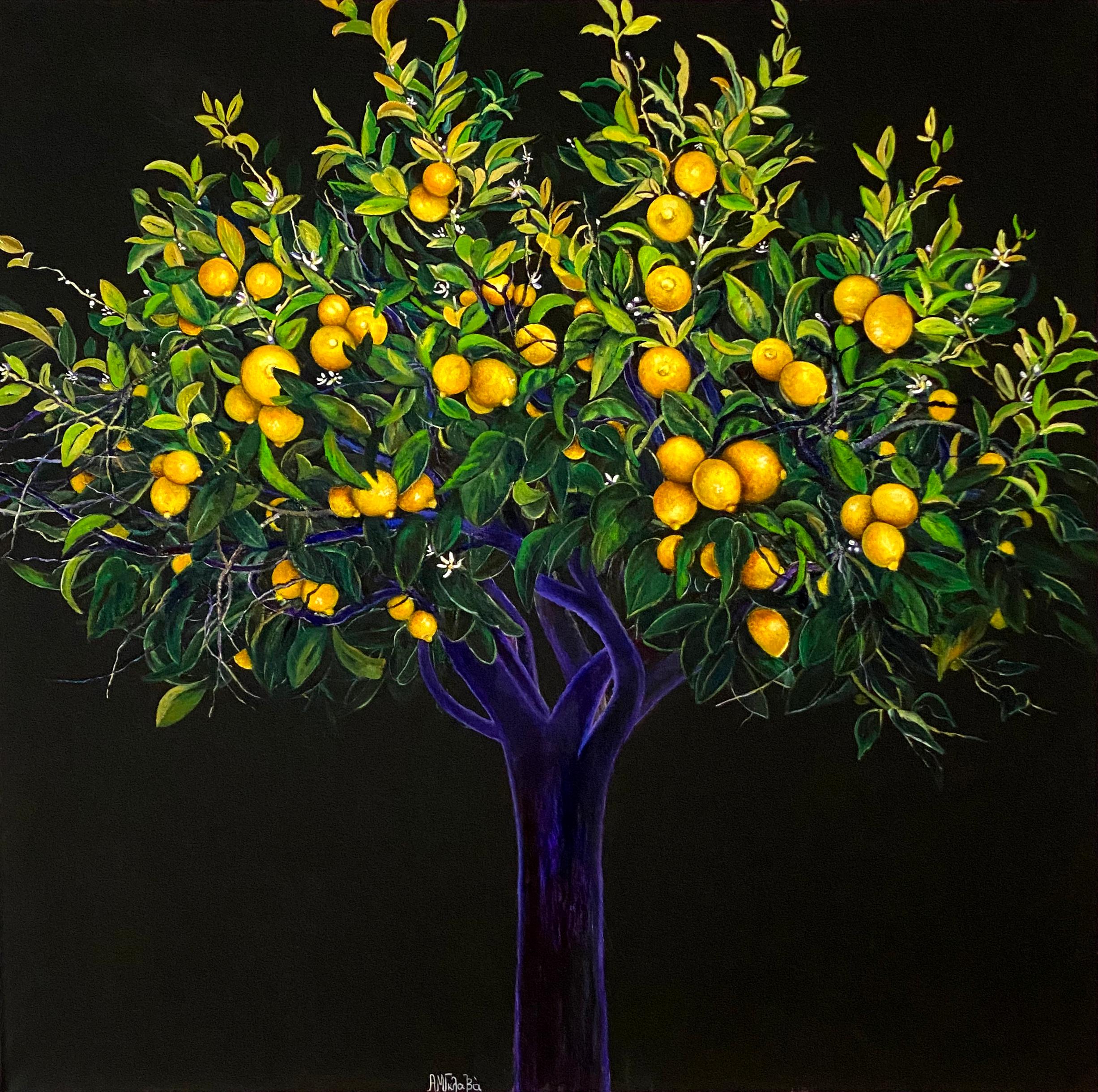 Anastasia Gklava Figurative Painting - Aroma - Elegant dramatic lemon nature tree, contemporary oil painting