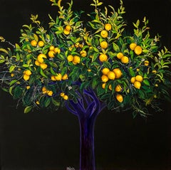 Élégant et dramatique citronnier, peinture à l'huile contemporaine