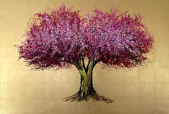 Auspicious-Elegant oil and gold tree painting, pink flowers, landscape, nature