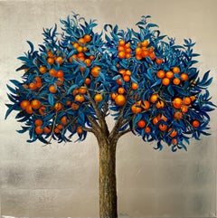 Avatar – Öl- und Blattsilber-Gemälde eines orangefarbenen Baumes, blaue Blätter, Naturlandschaft