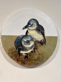 Baby Penguins - Colorful Oil Painting with Gold Leaf on Round Canvas