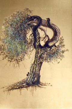"Being" - Realist style gold painting w twisted olive tree, elegant earth tones 