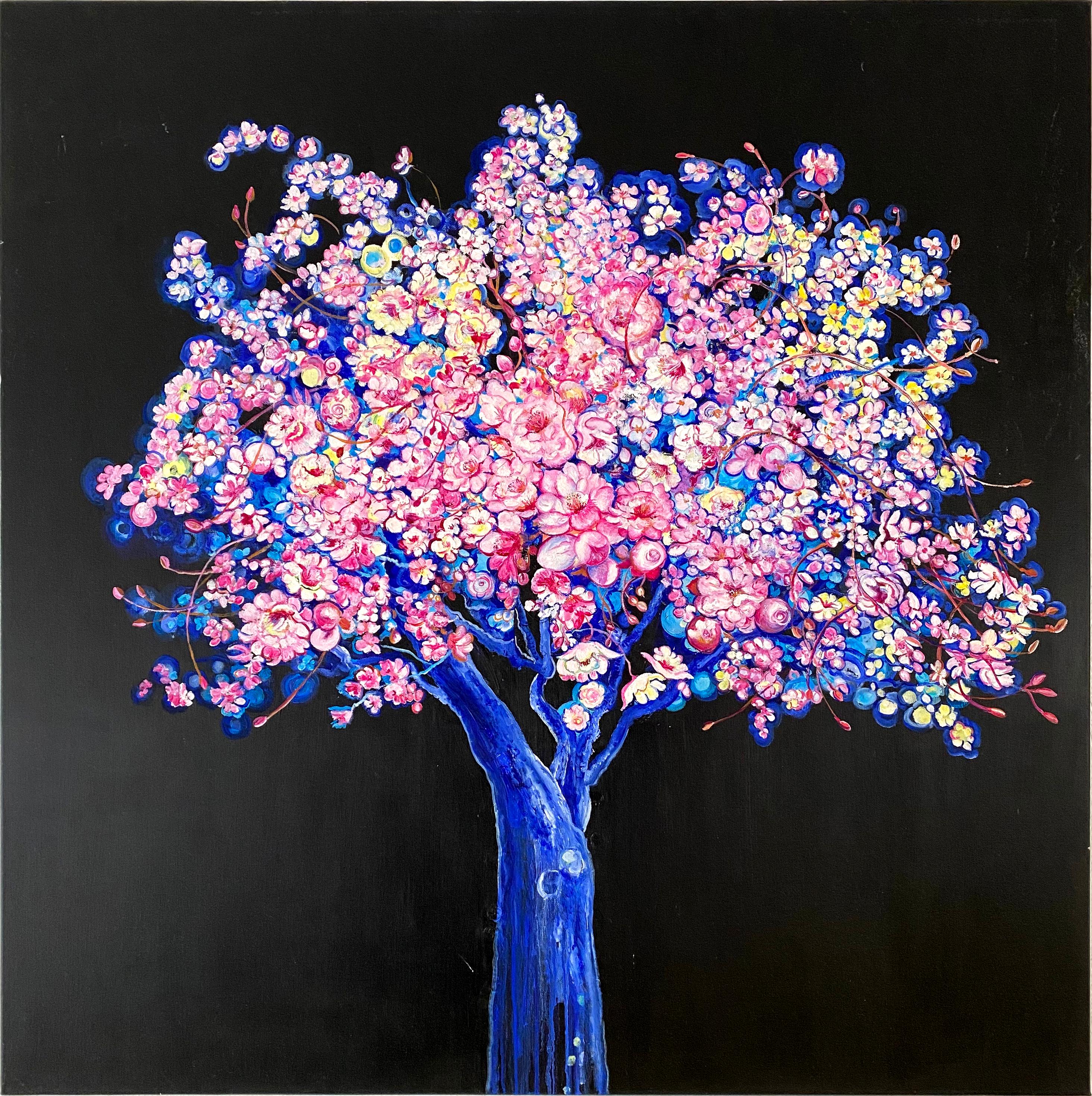 Anastasia Gklava Landscape Painting - "Blue Moon Tree", Bright and colorful painting with blossoming flowers and tree