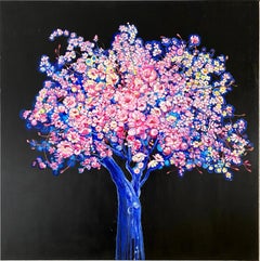 "Blue Moon Tree", Bright and colorful painting with blossoming flowers and tree