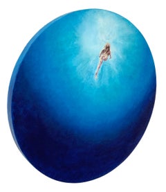 "Blue Velvet", Bright blue tones, circular sea water painting with nude swimmer