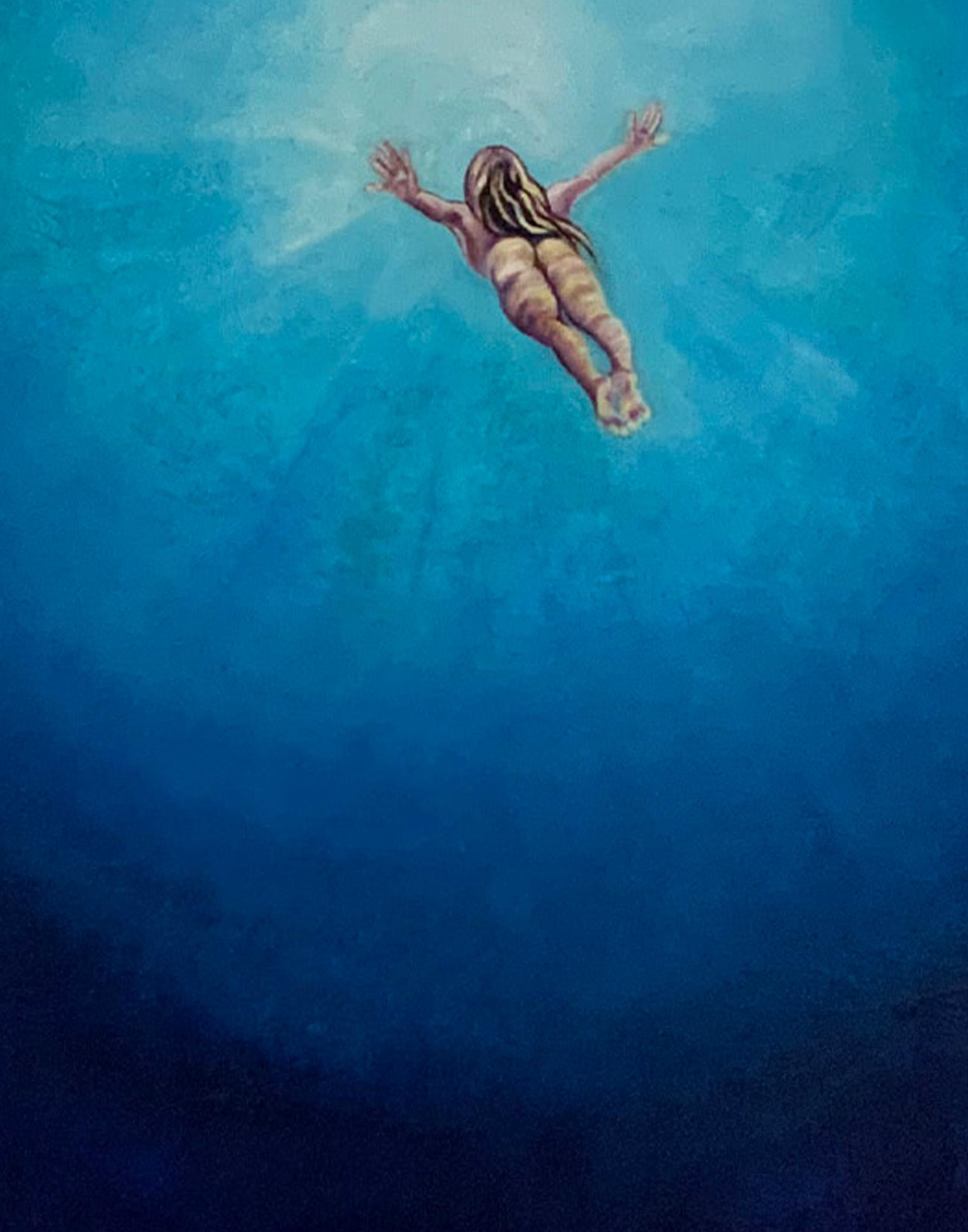 « Bleu velours », tons bleus vifs, peinture circulaire d'eau de mer avec nageoir nu en vente 2