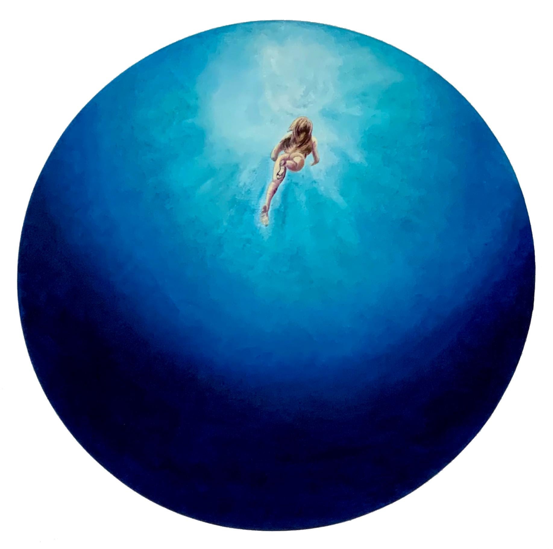 „Blauer Samt“, leuchtende Blautöne, kreisförmiges Meereswasser-Gemälde mit nacktem Schwimmer