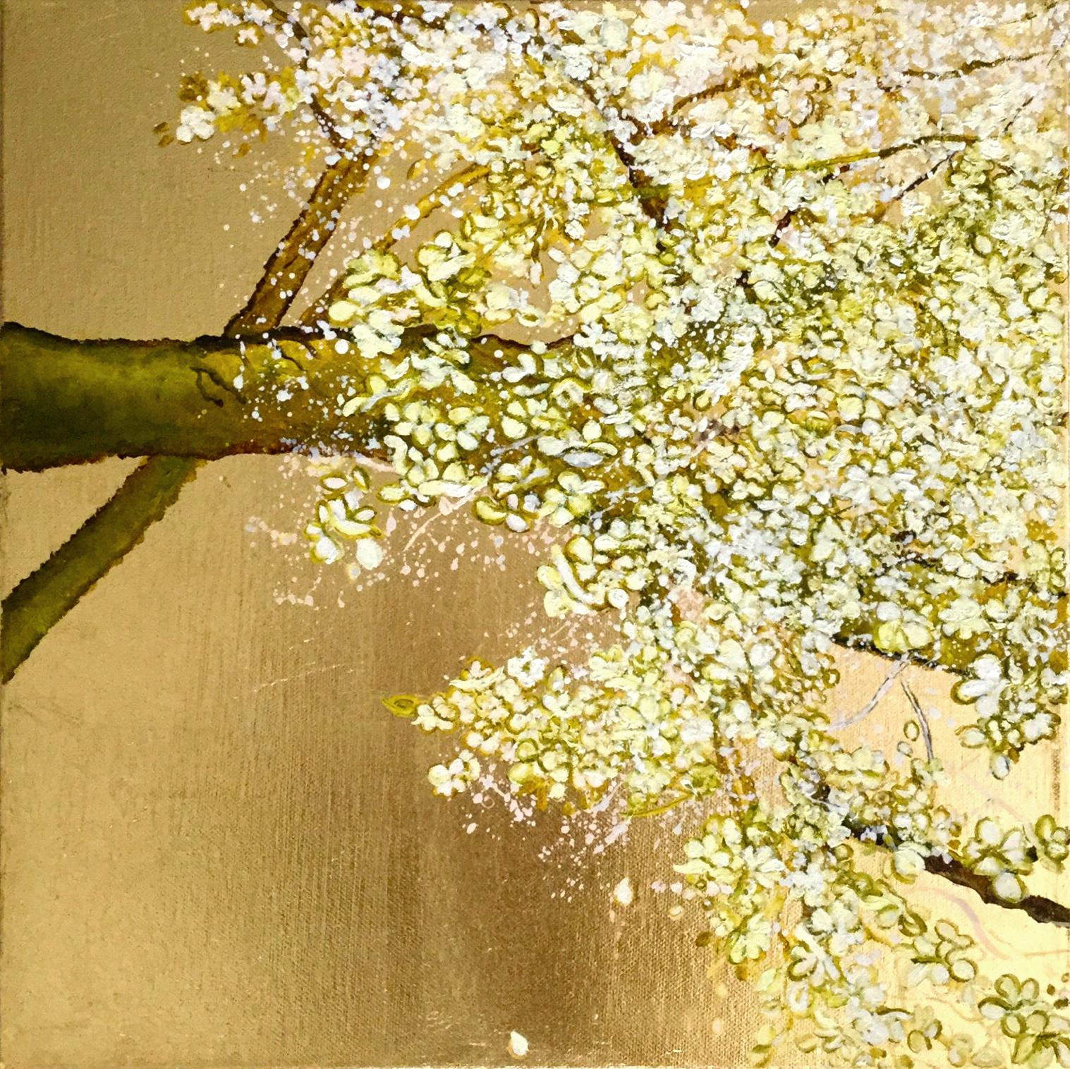Call Me Sweetheart:: Weißer Baum mit Blumen und goldfarbenem Hintergrund:: Öldiptychon (Zeitgenössisch), Painting, von Anastasia Gklava
