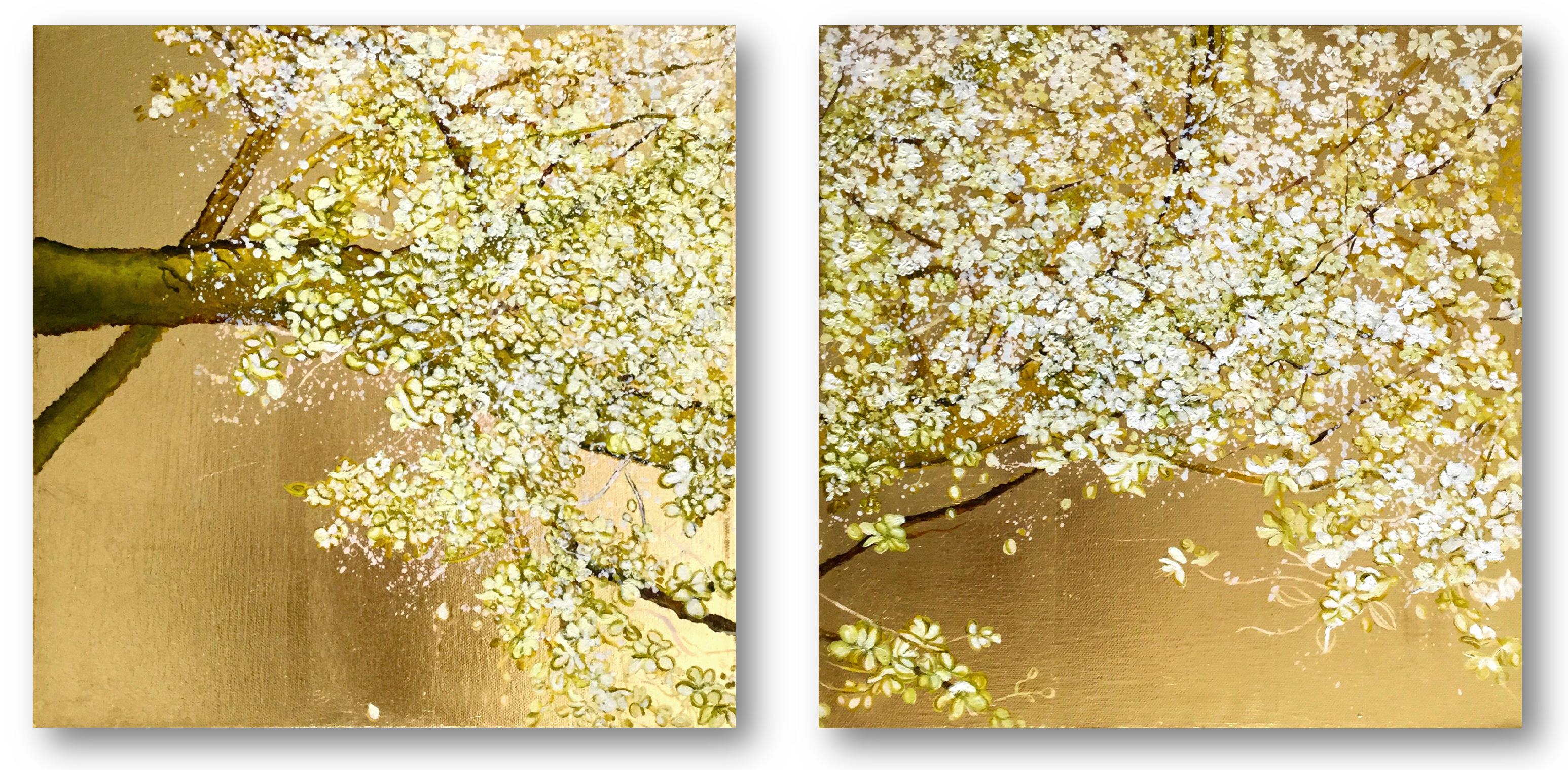 Anastasia Gklava Landscape Painting – Call Me Sweetheart:: Weißer Baum mit Blumen und goldfarbenem Hintergrund:: Öldiptychon