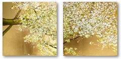 Call Me Sweetheart, White tree with flowers & gold background, oil diptych