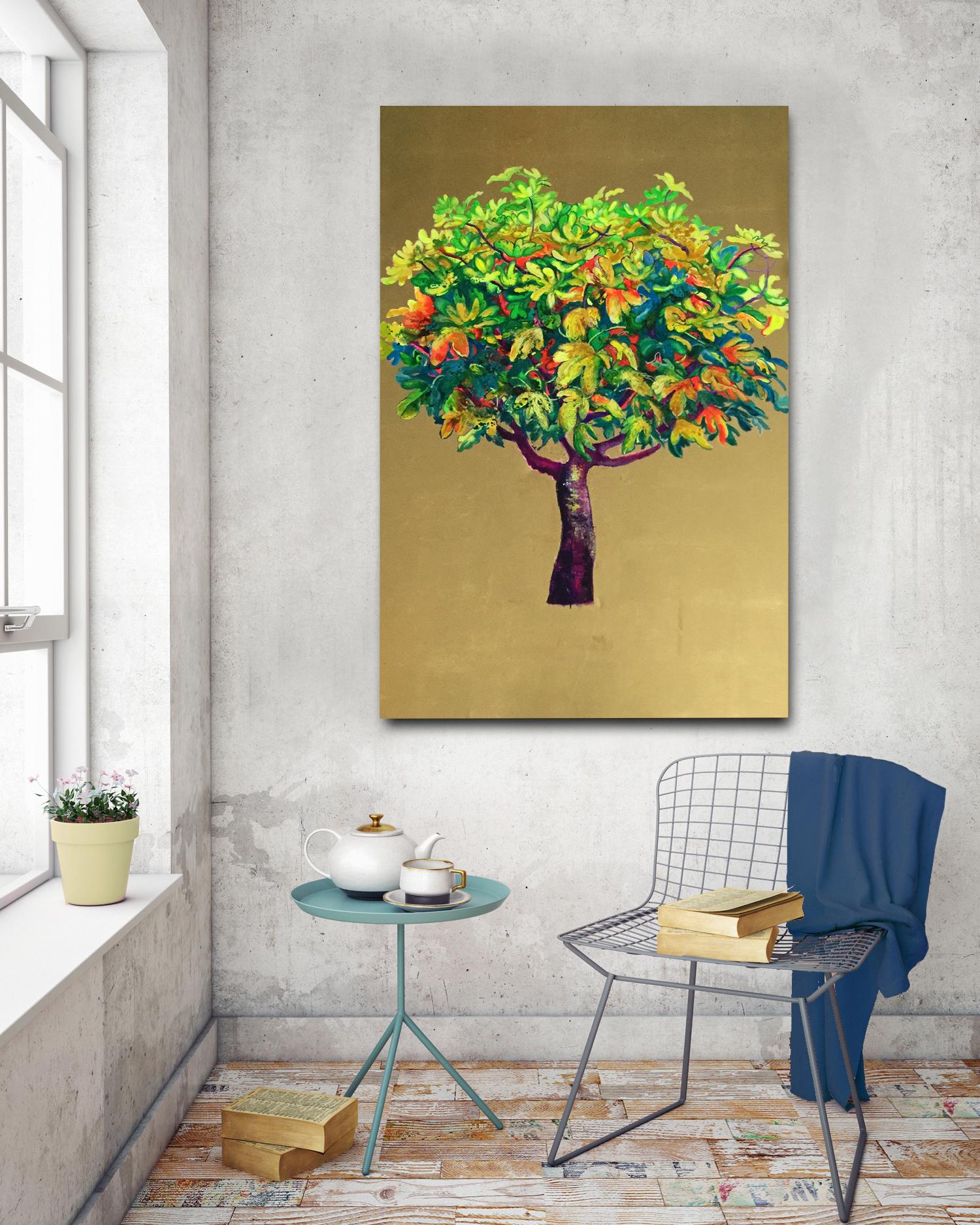 Capricciosa, Elegant oil on canvas with gold leaf, lush tree with green leaves - Contemporary Painting by Anastasia Gklava
