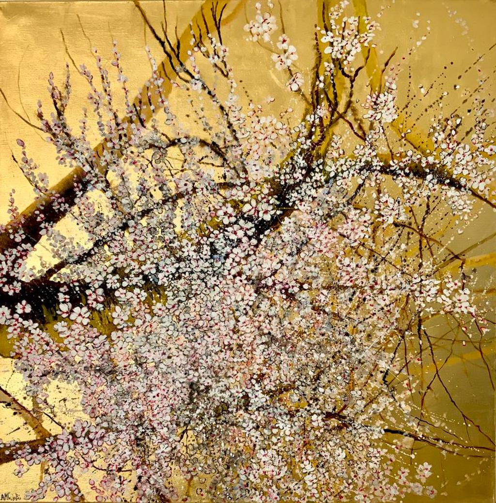 « Chasing the Morning Light », peinture à l'huile et à la feuille d'or d'un arbre de fleurs de cerisier