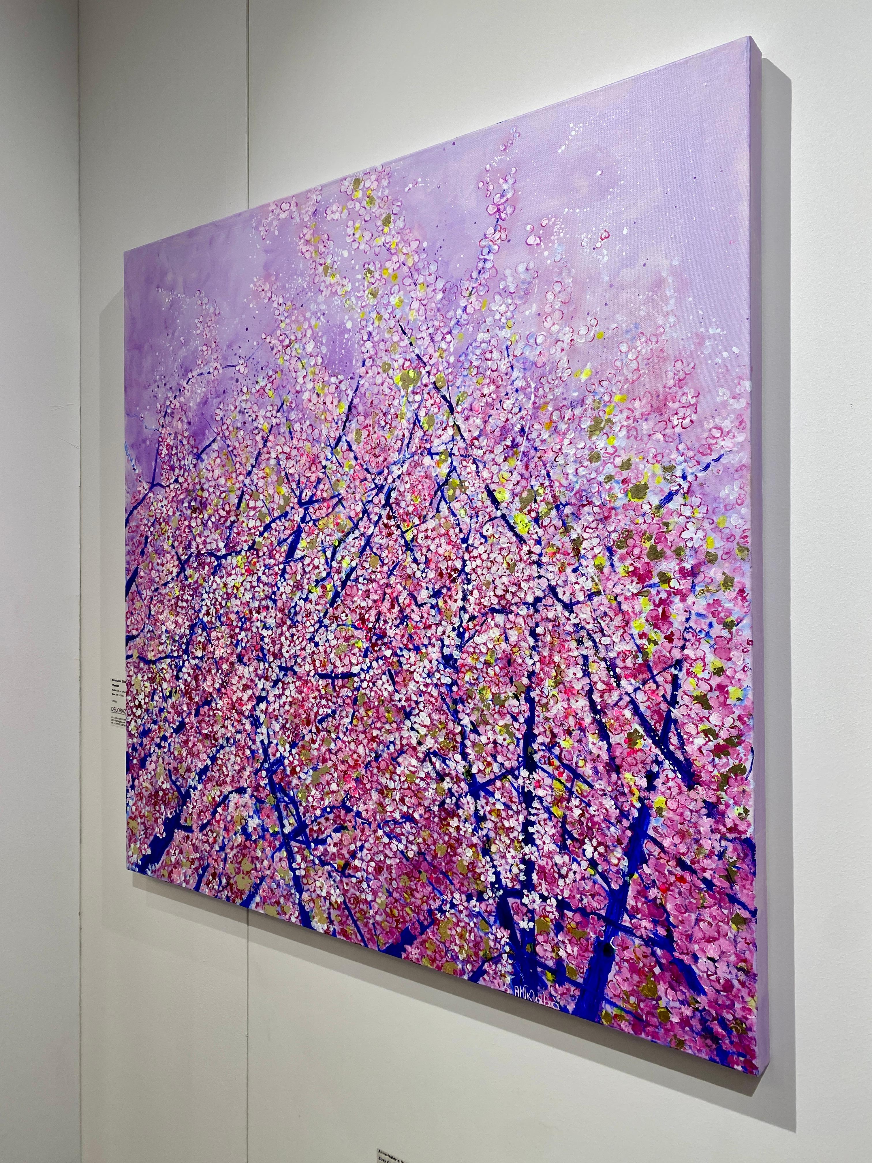 Cherish, bellissimo dipinto a olio e foglia d'oro di fiori di ciliegio rosa in vendita 1
