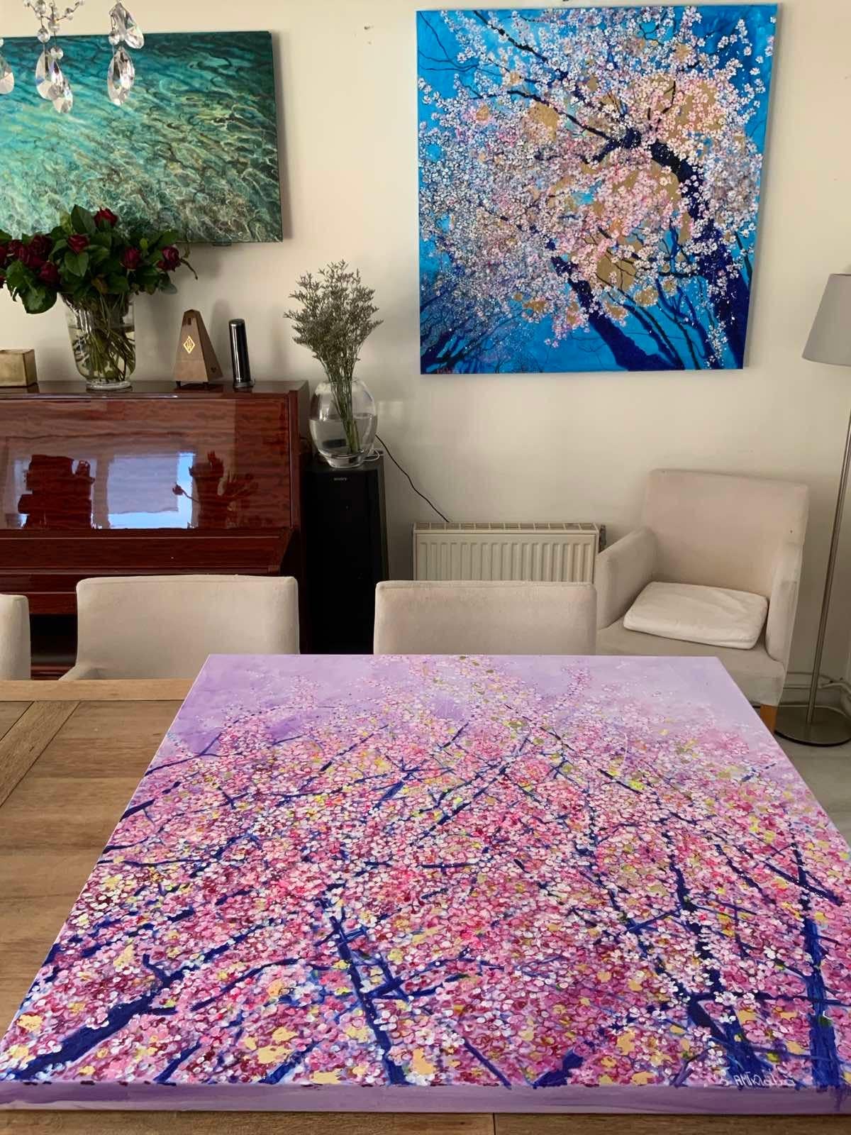 Cherish, bellissimo dipinto a olio e foglia d'oro di fiori di ciliegio rosa in vendita 2