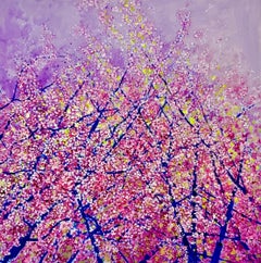 Cherish, Beautiful oil and gold leaf painting of pink floral cherry blossoms