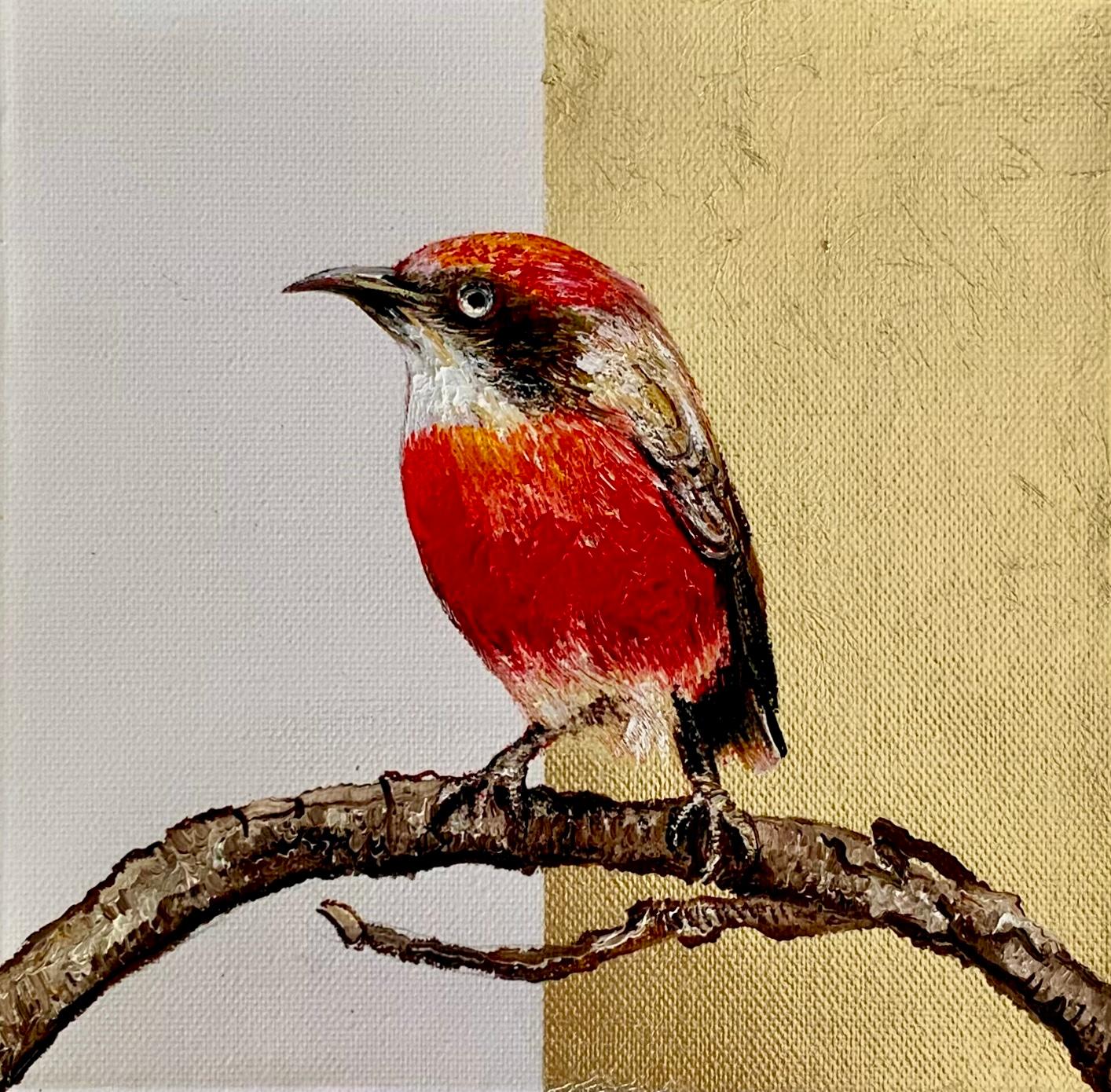 Crismon Chat Red Bird, peinture animalière réaliste et minimaliste, huile et feuille d'or