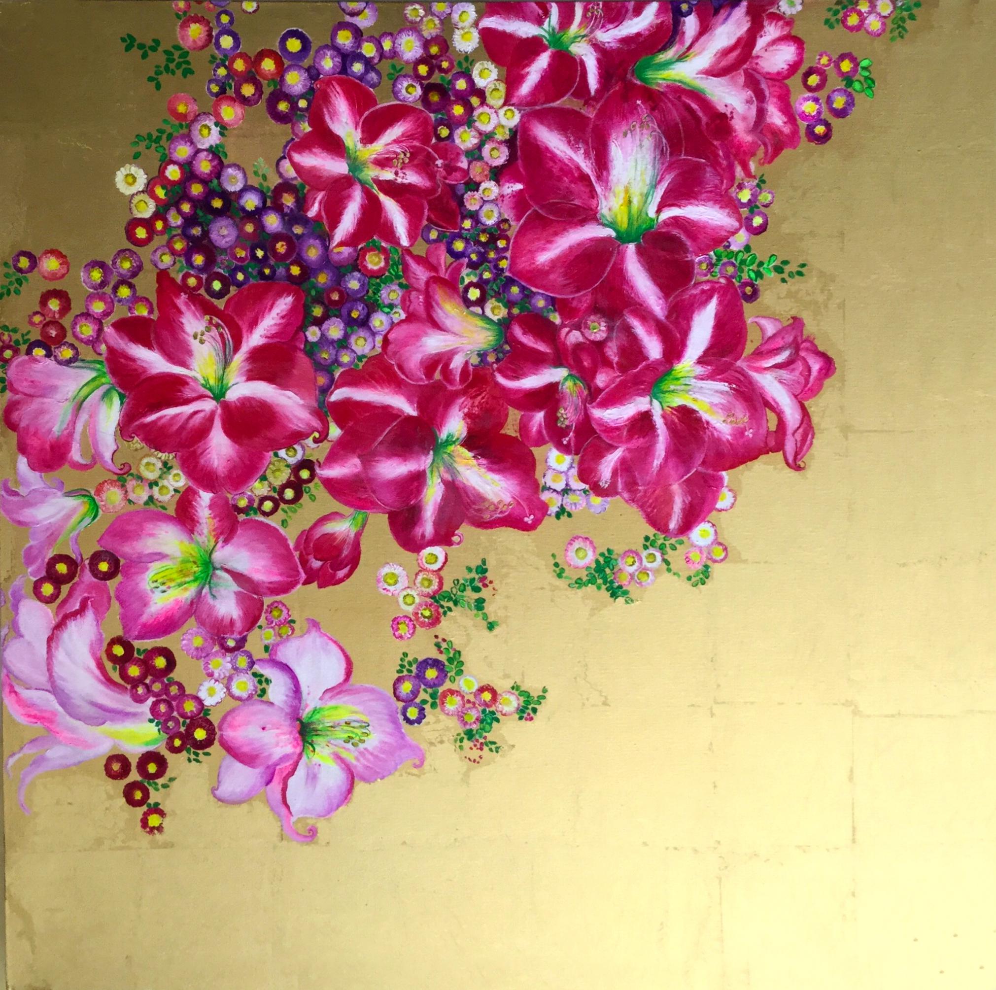 „Regal Glory“, 4-teilige Leinwand, leuchtend rosa Blumenkranz, goldener Hintergrund  im Angebot 2