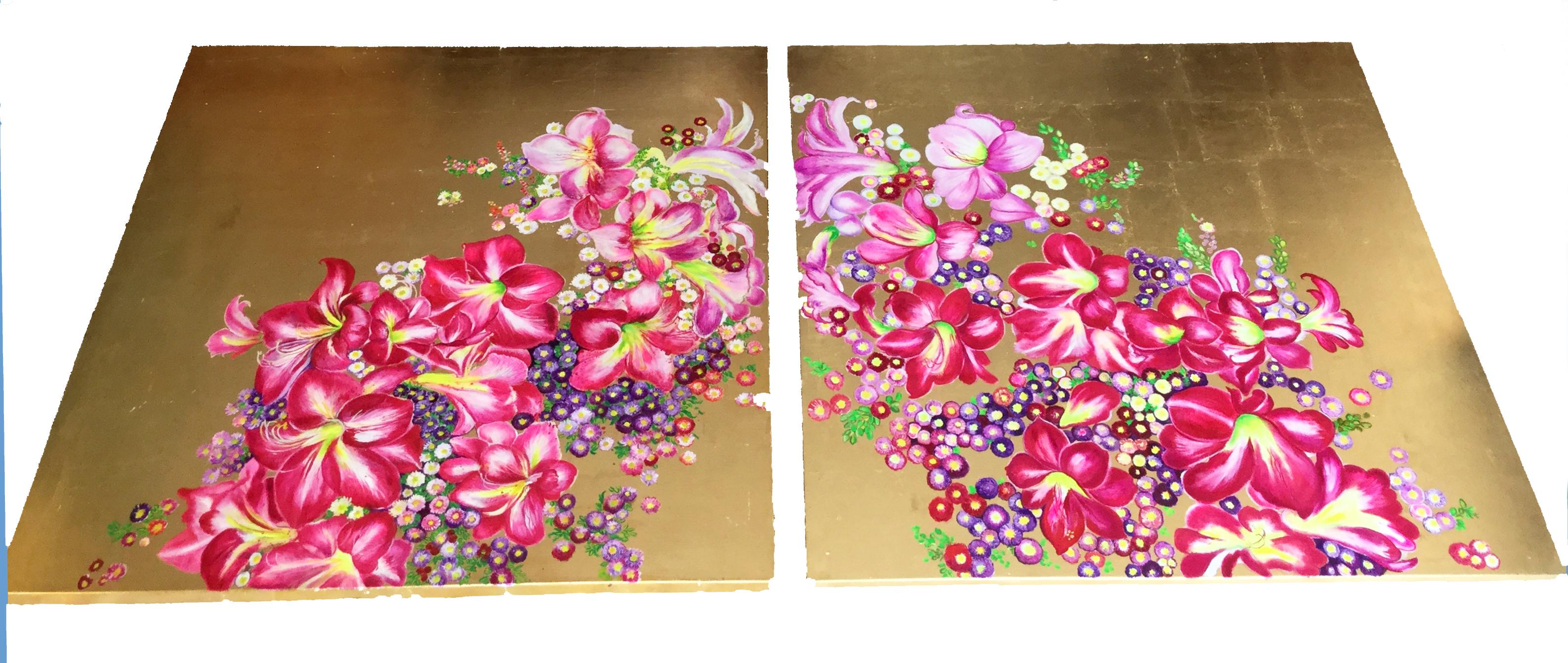 „Regal Glory“, 4-teilige Leinwand, leuchtend rosa Blumenkranz, goldener Hintergrund  im Angebot 3