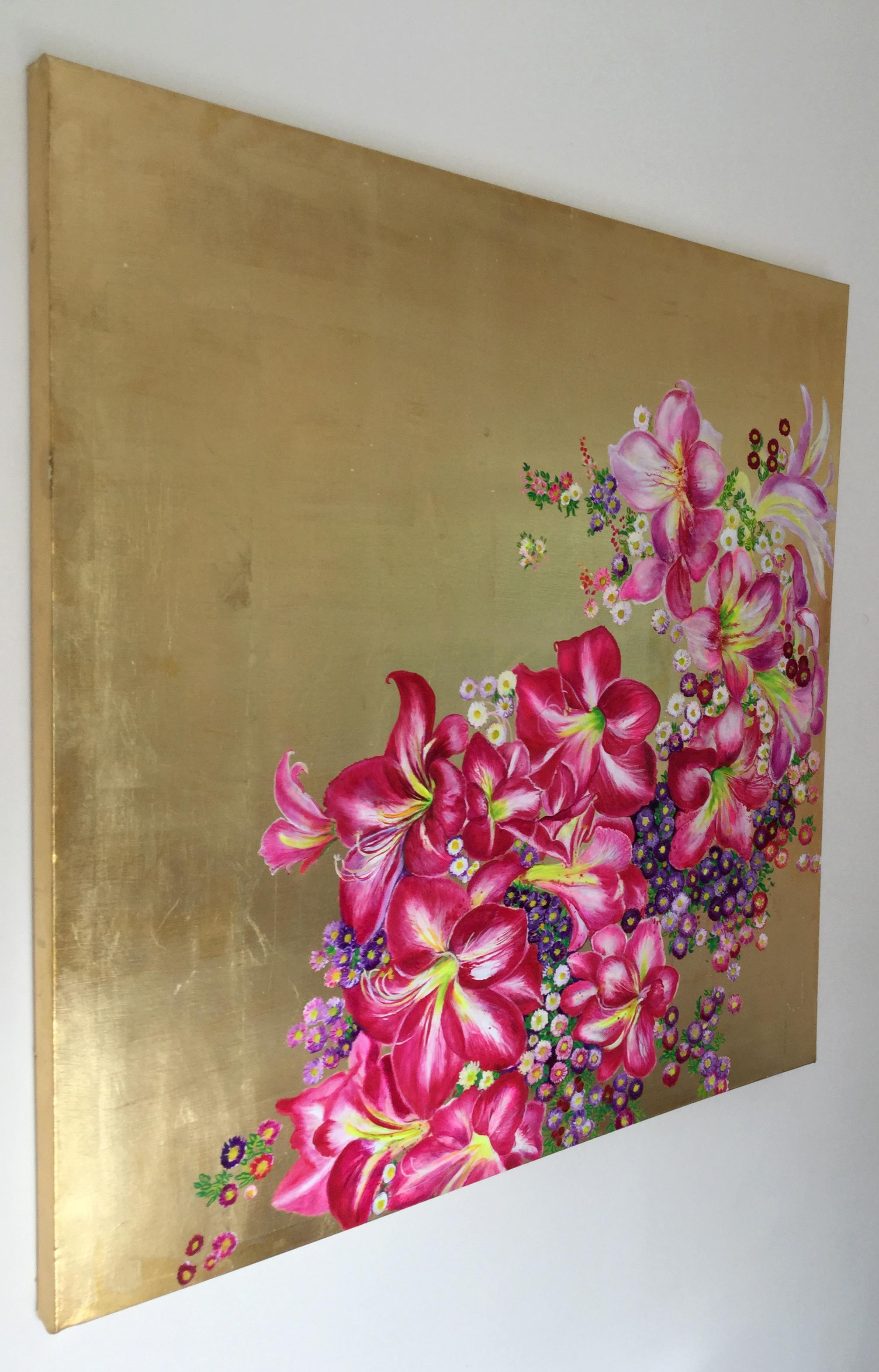 „Regal Glory“, 4-teilige Leinwand, leuchtend rosa Blumenkranz, goldener Hintergrund  im Angebot 4