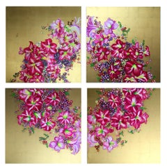 "Regal Glory", 4-panel canvas, bright pink floral wreath, golden background 