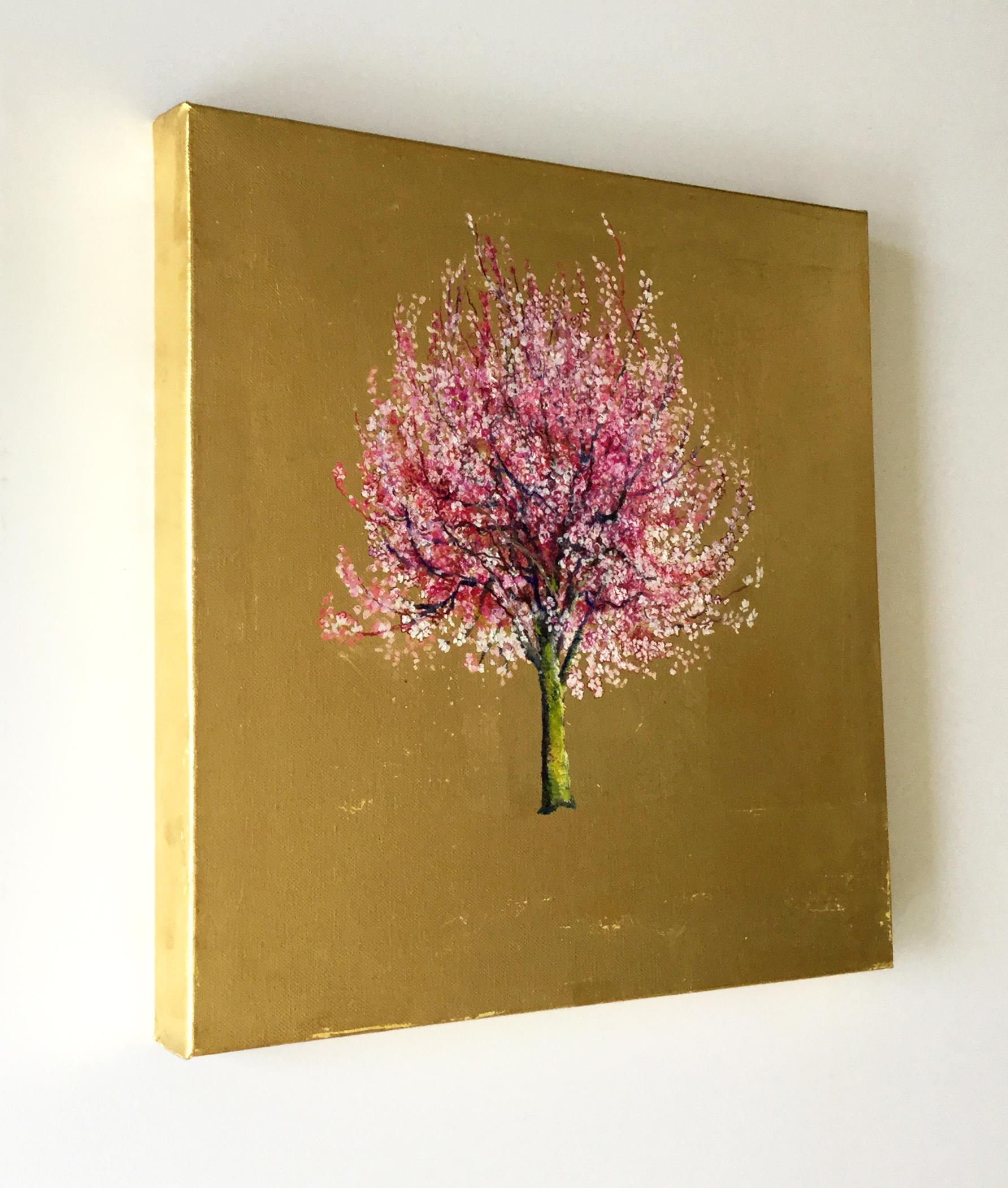 Early Blossom, Elegant Oil on Canvas with Gold Leaf, Pink Tree & Flowers  - Painting by Anastasia Gklava