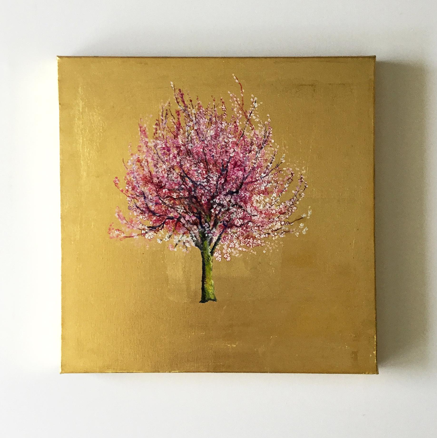 Anastasia Gklava Figurative Painting - Early Blossom, Elegant Oil on Canvas with Gold Leaf, Pink Tree & Flowers 