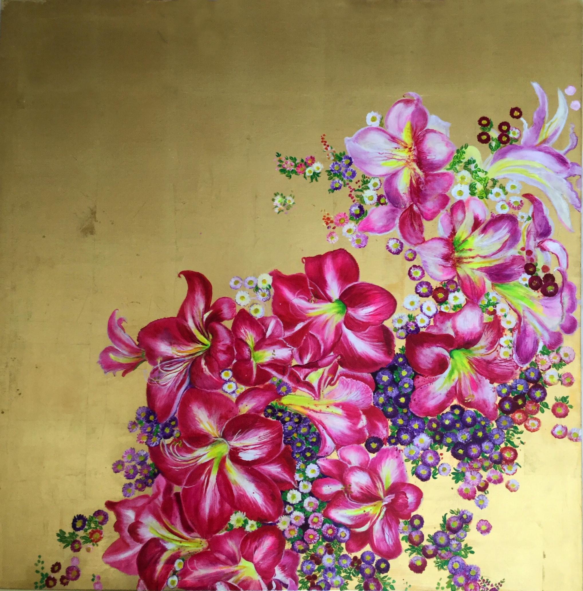 Anastasia Gklava Still-Life Painting - "Regal Glory I", Colorful Tropical Blossoms, Floral Pink and Gold Oil on Canvas