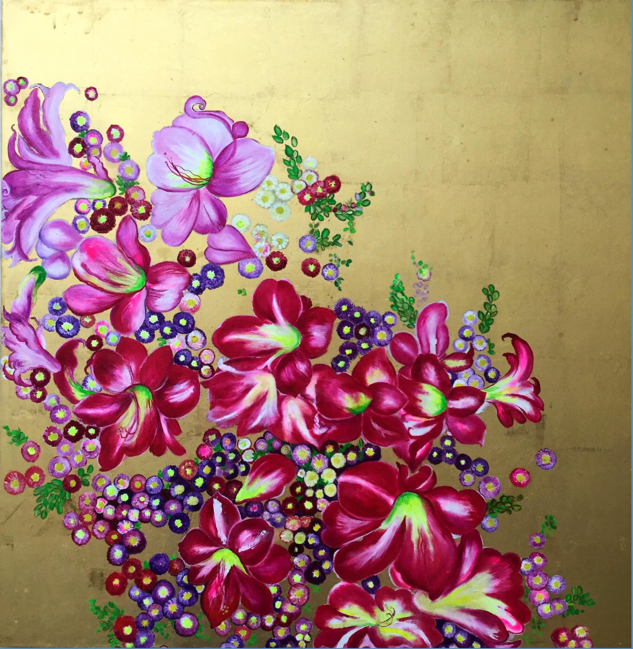 Anastasia Gklava Still-Life Painting - Regal Glory II" Colorful tropical pink blossoms, Oil on canvas, gold background