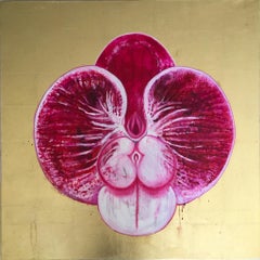 Elisir d’Amore Colorful fuchsia pink flower, Oil on canvas with gold background