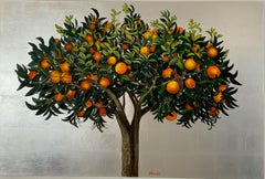 Elegant Öl- und silber orangefarbenes Baumgemälde, Landschaft, Blätter, Natur