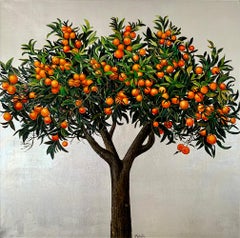 "Ethereal Day", Elegant oil and silver leaf painting, orange tree, nature