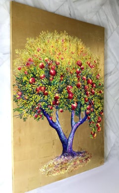 Euphoria Pomegranate Tree Commission, Oil on canvas painting with gold leaf