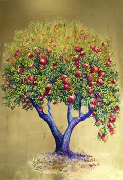 Euphoria Pomegranate Tree Commission, Oil on canvas painting with gold leaf