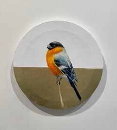 Eurasian Bullfinch - Orange & Black Bird Painting with Gold Leaf on Round Canvas