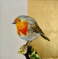 „European Robin“, orangefarbenes und gelbes realistisches Vogelgemälde, Öl und Blattgold