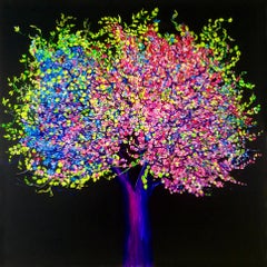 "Exuberant", Bright and colorful painting with blossoming flowers and tree