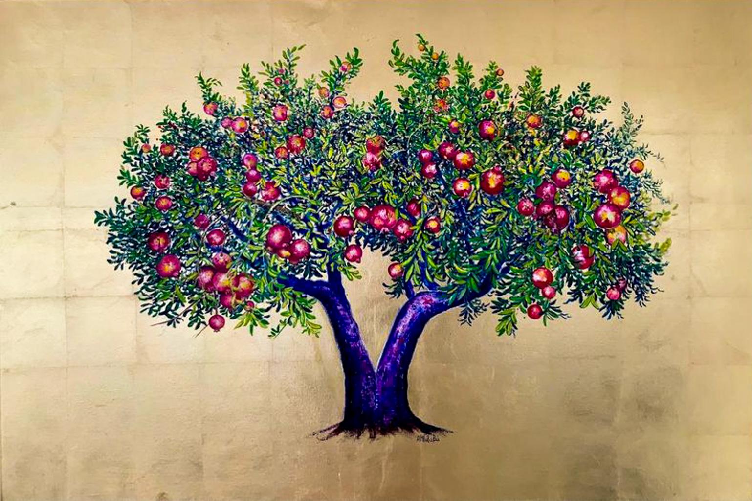 Anastasia Gklava Landscape Painting – „Fertility“, Öl- und Blattgoldgemälde eines leuchtend leuchtenden Granatapfelbaums 