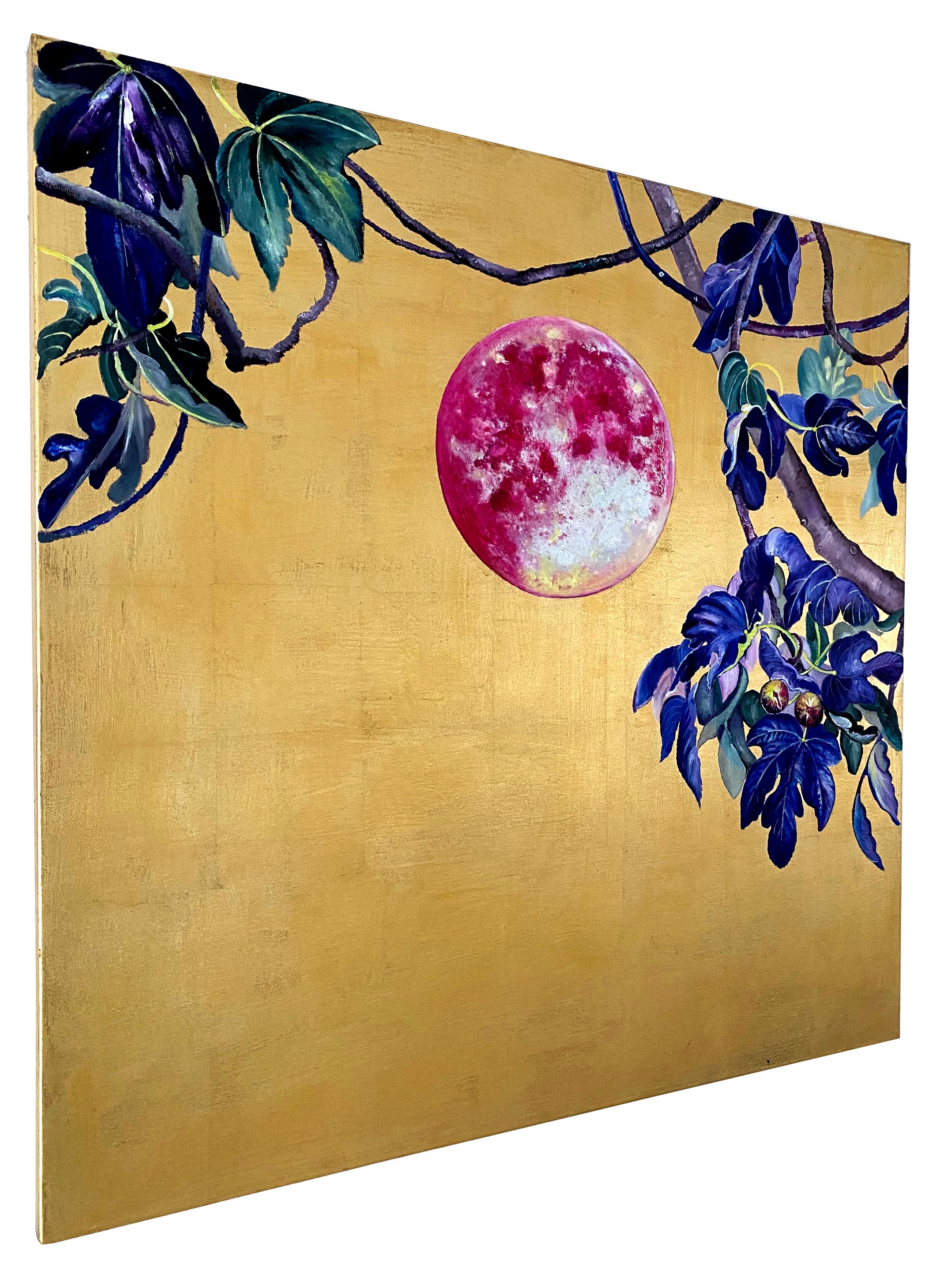 Fig Tree Under the Moon - Oil and gold painting, abstract nature landscape - Painting by Anastasia Gklava