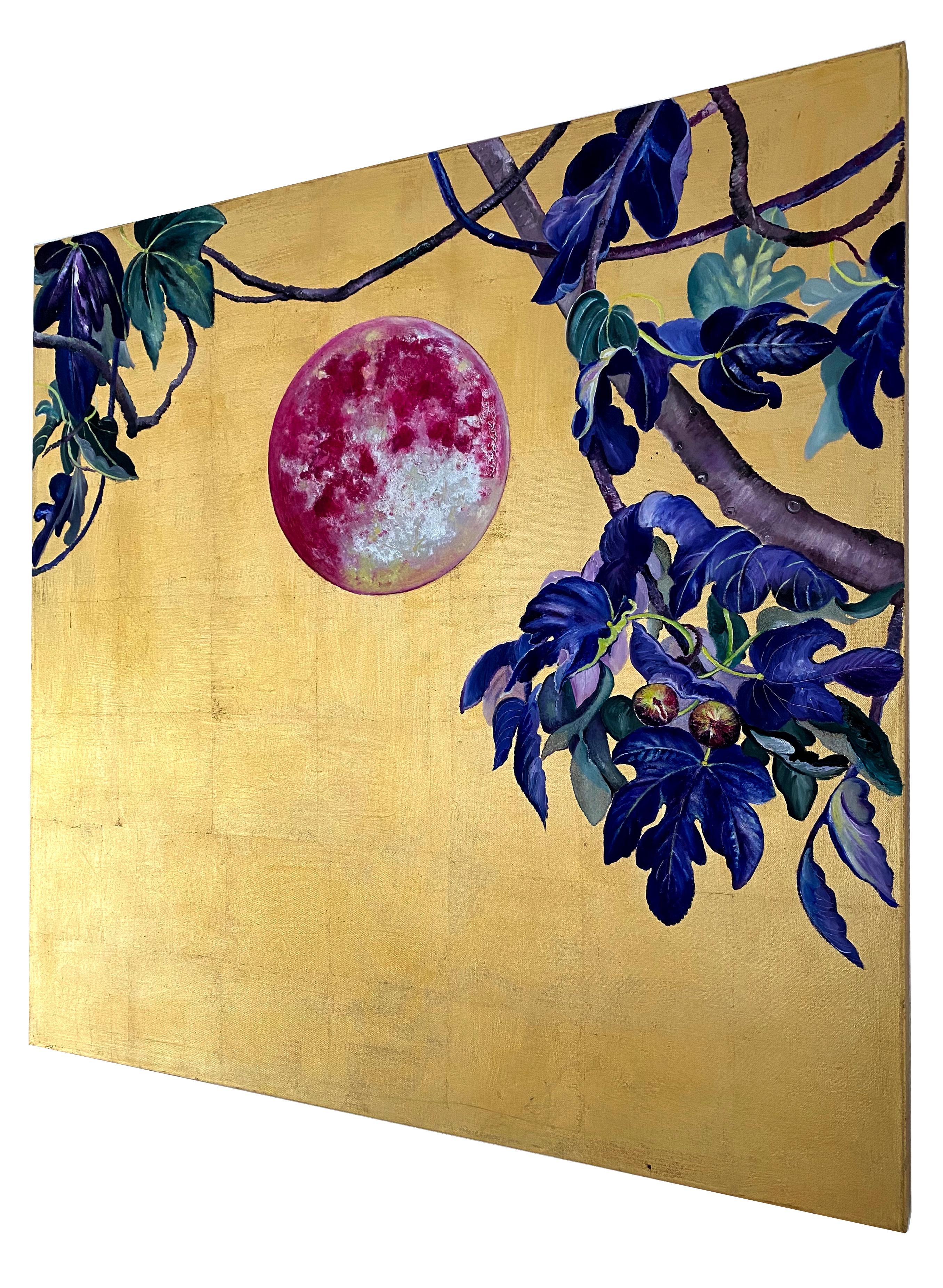 Fig Tree Under the Moon – Ölgemälde und Goldmalerei, abstrakte Naturlandschaft (Braun), Still-Life Painting, von Anastasia Gklava