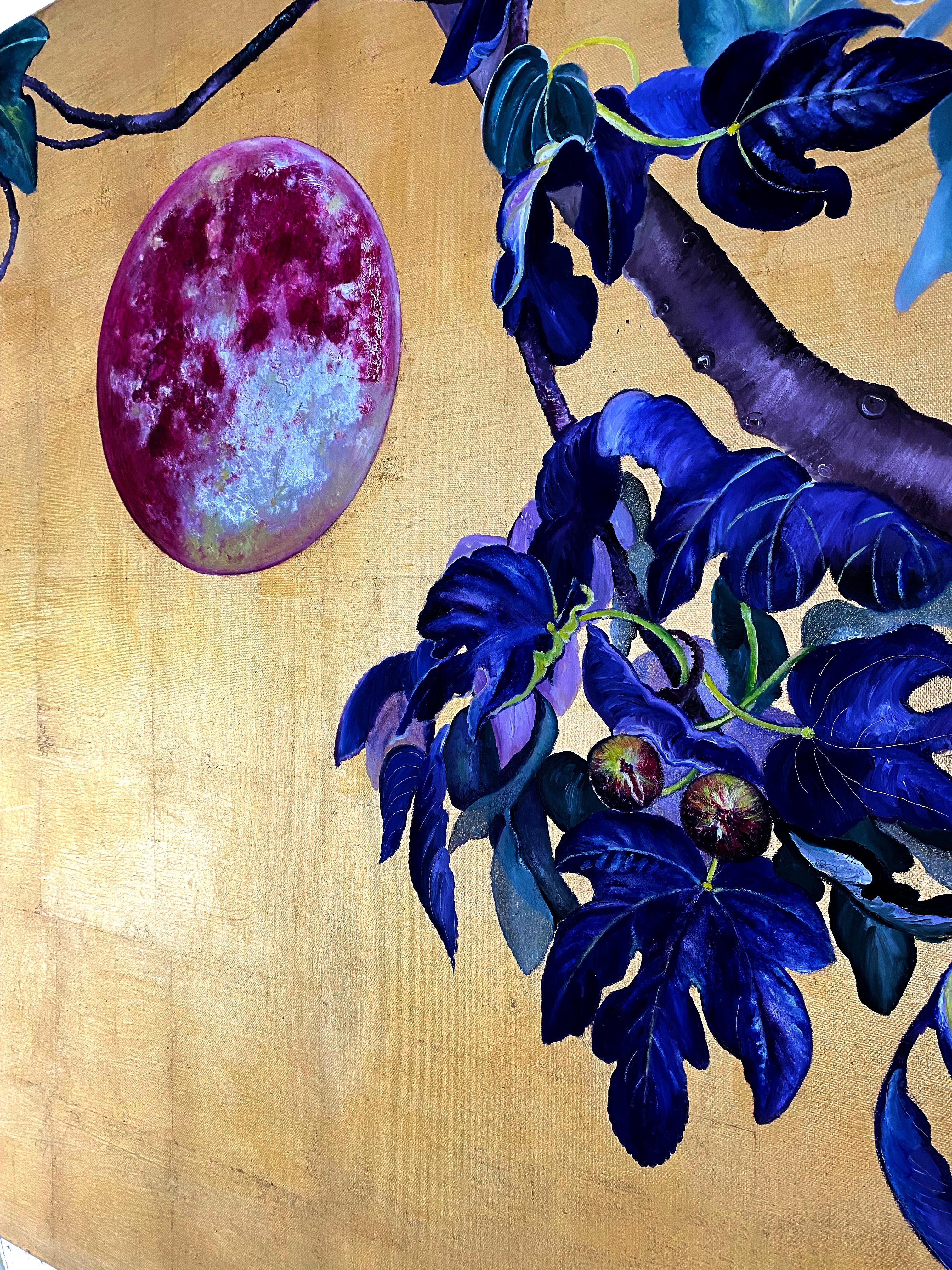 Fig Tree Under the Moon – Ölgemälde und Goldmalerei, abstrakte Naturlandschaft im Angebot 1