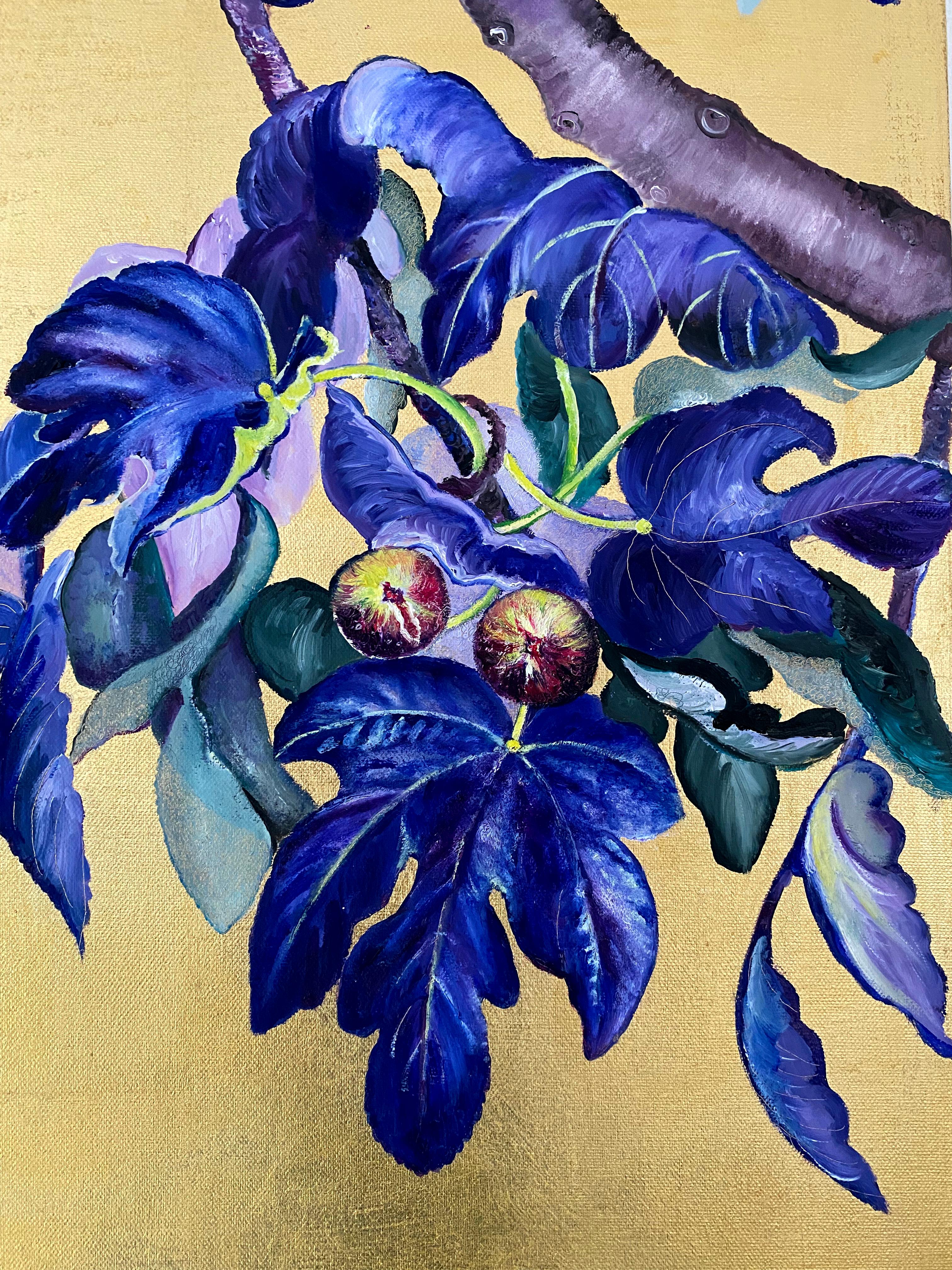 Fig Tree Under the Moon – Ölgemälde und Goldmalerei, abstrakte Naturlandschaft im Angebot 3